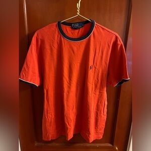 Late 1980s VTG Ralph Lauren XL T-Shirt | 100% Cotton, Orange with Navy Trim